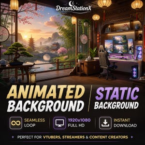 Puede incluir: Un fondo digital que muestra una configuración de juego con una silla negra, varios monitores y una torre de computadora. La habitación tiene vistas a un paisaje sereno con una pagoda, un puente, cerezos y bambú al atardecer. El texto dice DreamStationX.