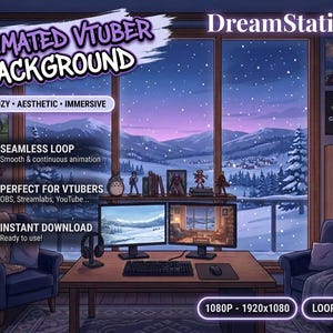Puede incluir: Un fondo digital animado para streamers que muestra una vista de montañas nevadas a través de una ventana grande. La escena incluye un escritorio con dos monitores, teclado, ratón y auriculares, flanqueado por dos sillones azules.