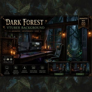 Puede incluir: Un fondo digital Dark Forest para VTuber que muestra una habitación acogedora con escritorio, monitores de computadora y una silla, con vista a un bosque oscuro y brumoso a través de una ventana. El gráfico incluye etiquetas para archivos MOV y PNG.