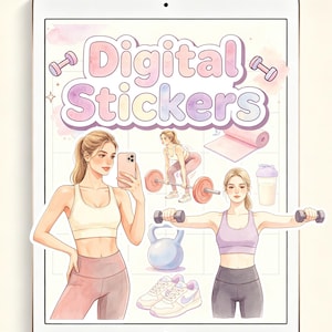 Puede incluir: Una pantalla de tableta que muestra el texto Digital Stickers en una fuente pastel, rodeado de ilustraciones de personas haciendo ejercicio, una esterilla de yoga, un batidor, una pesa rusa, mancuernas y zapatillas en estilo acuarela.