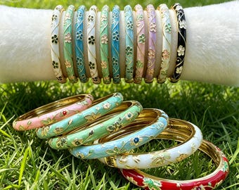 Enamel Floral Hinged Bangle Set, Stackable Cloisonne Bracelet, 6mm 8mm Multi Color Jewelry for Women