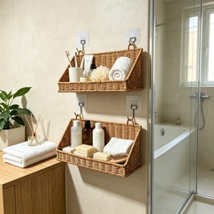 Può includere: Due mensole sospese rettangolari in vimini intrecciato color marrone chiaro, montate su una parete piastrellata con ganci adesivi trasparenti. I ripiani contengono vari articoli da bagno, tra cui flaconi bianchi e un asciugamano arrotolato.