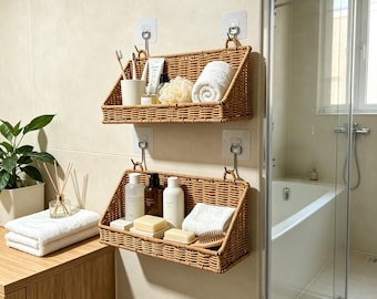 Panier de rangement mural tressé, organisateur mural en rotin, décoration de style campagnard pour la cuisine, la salle de bain et les murs de la maison
