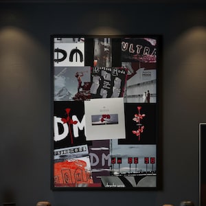 Könnte beinhalten: Ein rechteckiges Wandposter mit einer Collage aus Depeche Mode Albumcovern und Motiven. Das Design enthält die Schriftzüge Ultra, Songs of Faith and Devotion und DM, ergänzt durch rote Rosen, architektonische Szenen und digitale Uhrenanzeigen.