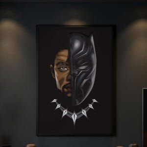 Black Panther Poster, T'Challa Wall Art, Split Face Mask Reveal Print, Marvel Superhero Decor, Wakanda Fan Gift, Comic Book Artwork Print