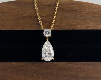 1.1ct E VS1 Clarity IGI Certified Pear Cut Lab Grown Diamond Drop Necklace, 18K Solid Yellow Gold,  Teardrop Lab Diamond Pendant