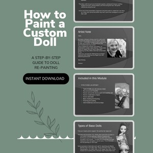 May include: A digital download guide for repainting custom dolls. The guide includes a step-by-step process, recommended supplies, and types of dolls that can be used. The cover image features a green leafy branch and a doll with pink hair.