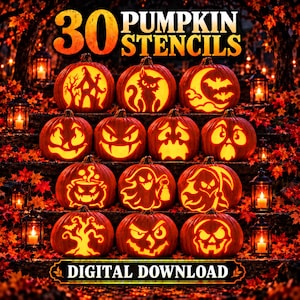 May include: A digital download collection of 30 pumpkin stencils featuring carved designs of haunted houses, cats, bats, ghosts, skulls, and trees. The image displays eleven glowing orange pumpkins with various spooky faces and silhouettes.