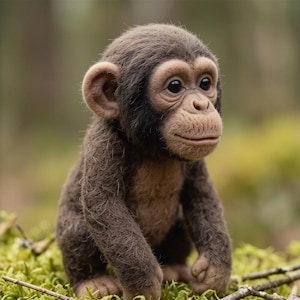Peut inclure: Une peluche chimpanzé avec une fourrure texturée brun foncé, un visage beige clair et de grandes oreilles rondes. La figurine présente des yeux sombres et une petite bouche, avec un aspect doux et réaliste. Le chimpanzé est assis.