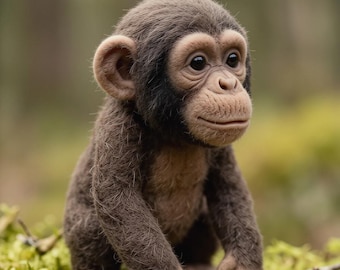 Figurine de chimpanzé en laine feutrée à l'aiguille, sculpture réaliste de bébé singe (7,6 cm)