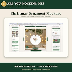 May include: A digital interface for a Christmas ornament mockup studio displaying a white circular ornament with a baby's first Christmas graphic. The screen shows editing tools, design upload options, and a preview window for the ornament.