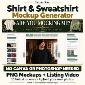 Mockup-generator för T-shirts och tröjor – PNG-bilder och listningsvideo
