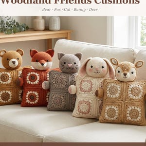 May include: Five crochet animal cushions featuring a bear, fox, cat, bunny, and deer. Each cushion has a square body made of four floral granny squares. The text reads: Crochet Pattern PDF Instant Download Woodland Friends Cushions.