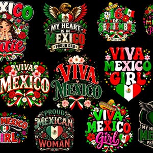 Pode incluir: Uma coleção de onze designs gráficos com temas mexicanos, incluindo textos como Mexico Cutie, My Heart Is In Mexico, 16 De Septiembre, Little Mexican Princess, Viva Mexico, Viva Mexico Girl e Proud Mexican Woman.