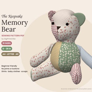 Puede incluir: Un oso de peluche de patchwork hecho de varias telas con estampados florales, rayas y cuadros vichy en tonos verdes, rosas y blancos. El texto dice: The Keepsake Memory Bear, SEWING PATTERN PDF, 10 SIZES, 8-26 in, A4-LETTER-A0, Beginner friendly, No joints or buttons, Shirts-baby clothes-scraps.
