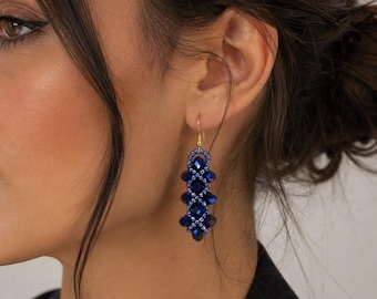 Blue Violet Crystal Dangle Earrings, Stainless Steel Beaded Statement Jewelry