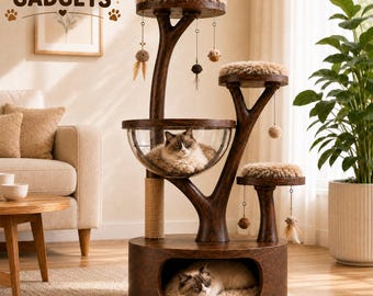Torre rascador para gatos de madera de nogal, muebles modernos para gatos, cama cueva, percha de cristal, poste rascador