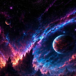 Könnte beinhalten: Eine kosmische Landschaft mit gezackten, dunklen Berggipfeln, die sich vor einem leuchtenden Nebel aus wirbelnden violetten, blauen und orangefarbenen Gasen abheben. Zwei kugelförmige Planeten sind am Sternenhimmel zu sehen, beleuchtet vom Glühen.