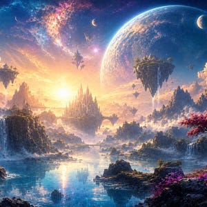 Könnte beinhalten: Eine digitale Illustration einer Fantasielandschaft mit schwebenden Inseln, Wasserfällen, einer zentralen Burg und einem großen Planeten am Himmel. Die Szene zeigt einen See, felsige Berge und Bäume mit rosa und orangefarbenem Laub.