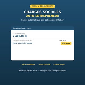 Foglio di calcolo Excel URSSAF per il monitoraggio dei contributi previdenziali per i lavoratori autonomi, calcolo dei contributi previdenziali in base al fatturato, modello di gestione Google Sheets.
