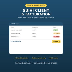 Könnte beinhalten: Eine digitale Tabellenkalkulationsvorlage für Kundenverfolgung und Rechnungsstellung in Excel und Google Sheets. Die Benutzeroberfläche zeigt eine Tabelle mit Spalten für Kundennamen, Beträge in Euro und Zahlungsstatus wie Payée, En attente und En retard.