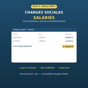 Può includere: Un modello di foglio di calcolo digitale per Excel e Google Sheets intitolato Charges Sociales Salariés. Mostra una tabella con i nomi dei dipendenti, lo stipendio lordo e il costo totale, con un costo totale per il datore di 5 330,00 €.