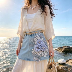 Può includere: Una minigonna in denim azzurro con una grande applicazione floreale composta da fiori in tessuto color lavanda tridimensionali, paillettes argentate e perline bianche. La gonna è indossata sopra una gonna lunga bianca e un kimono beige.