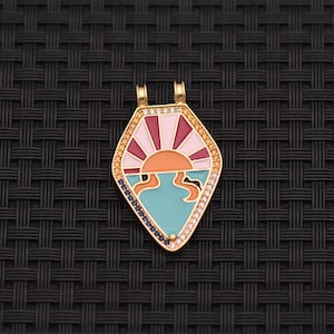 Sunset Ocean Enamel Pendant with Colorful Crystal Accents and Double Loops for DIY Necklace Making and Beach Jewelry Crafts 34*20.5mm