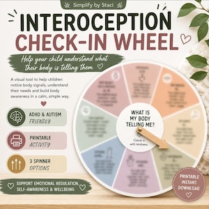 Può includere: Una ruota di controllo dell'interocezione con una freccia centrale che riporta la scritta 'What is my body telling me?'. Il grafico circolare presenta segmenti multicolori con testo e icone. L'immagine include il titolo 'Simplify by Staci' e 'Interoception Check-In Wheel' con testo aggiuntivo che descrive questa attività stampabile per la regolazione emotiva.