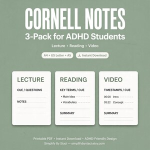 May include: A 3-pack of Cornell notes templates for ADHD students on a sage green background. The text reads CORNELL NOTES, 3-Pack for ADHD Students, Lecture, Reading, Video, A4 + US Letter + A5, Instant Download, and printable PDF details.
