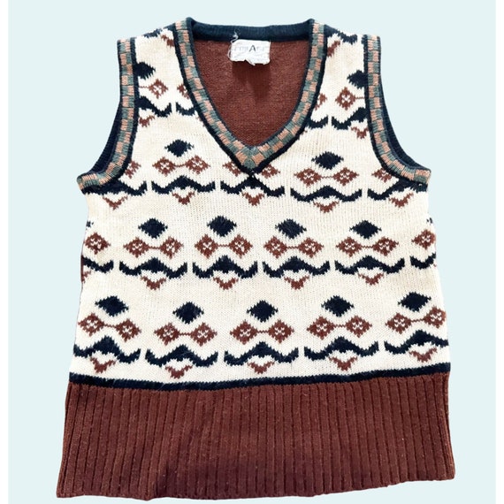 Vintage 50s 60s CollAge Sweater Vest Brown Green … - image 2