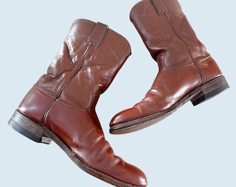 Vintage JUSTIN Brown Leather Roper Leather Boots Sz 8