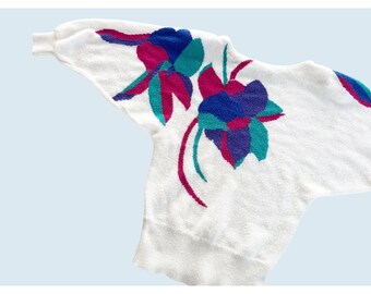 Vintage CRISTINA'S Abstract Floral Print Wide Neck Sweater 1980s Sz M