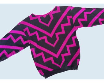 Vintage BRISTOL COURT Hot Pink & Black Geometric Sweater 1980s Sz S