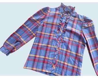Vintage LUCKY WINNER Plaid Ruffle Neck Full Button Blouse 1970s Sz Sm