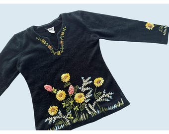 Vintage ADES of California Floral Knit V Neck Sweater 70s / 80s Sz S