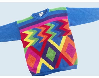 Vintage EXCLUSIVE IMPORTS Multi Color Geometric Sweater 1980s Sz M