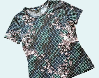 Vintage PANTHER Brand Floral Print Lion & Lioness Top Shirt 80s / 90s Sz Sm