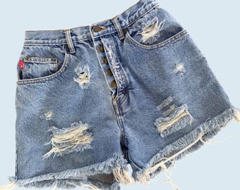 Vintage NO EXCUSES Button Fly Distressed Cut Off Denim Shorts 90s Sz 24