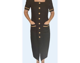 Vintage LIZ CLAIBORNE 80s / 90s Linen Nautical Black Gold Dress Sz S