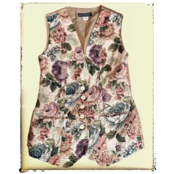 Vintage HARRIS / WALLACE Floral Tapestry 90s Vest… - image 1