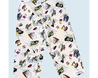 Vintage LESLIE FAY Americana Destination Hollywood Print Crop Pants Size 14