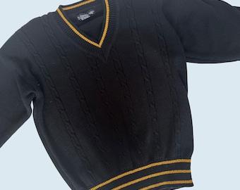Vintage COUNTERPARTS Black Cable Knit Gold Trim V Neck Sweater 80s / 90s Size M