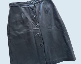 Vintage Black Leather Snap Button Front Skirt 90s / 00s Size XS