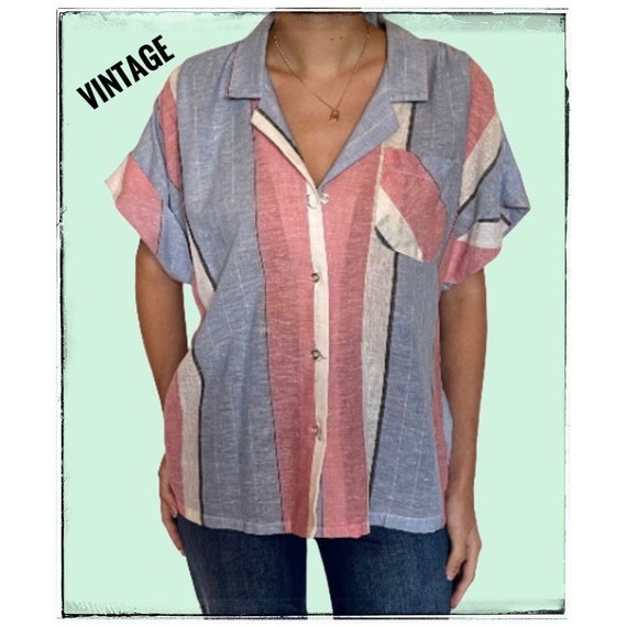 Vintage Striped Short Sleeve Top Shirt Blouse - image 1
