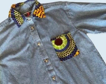 Vintage Jerzees Denim Geometric Print Denim Shirt 90s / Y2K Sz S