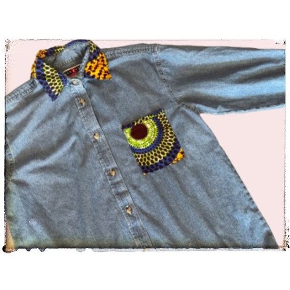 Vintage Jerzees Denim Full Button Geometric Print… - image 1