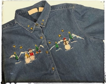 Vintage Holiday Snowman Christmas Denim 1980s / 1990s Shirt Top Size Medium