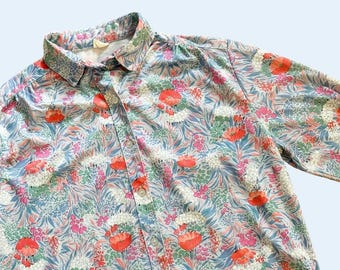 Vintage 1970s Floral Print Polyester Full Button Blouse Top Shirt Sz Sm