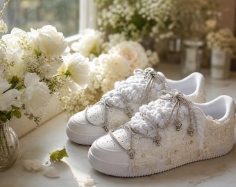 Bridal Wedding Sneakers, Pearl Lace Shoes, White Custom Bride Sneakers